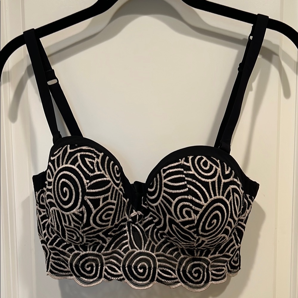 Black and Cream Patterned Longline Bra, Size 34D